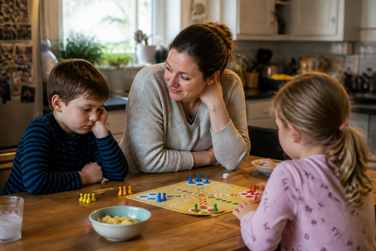White mother sitting with two young children during a board game at a kitchen table