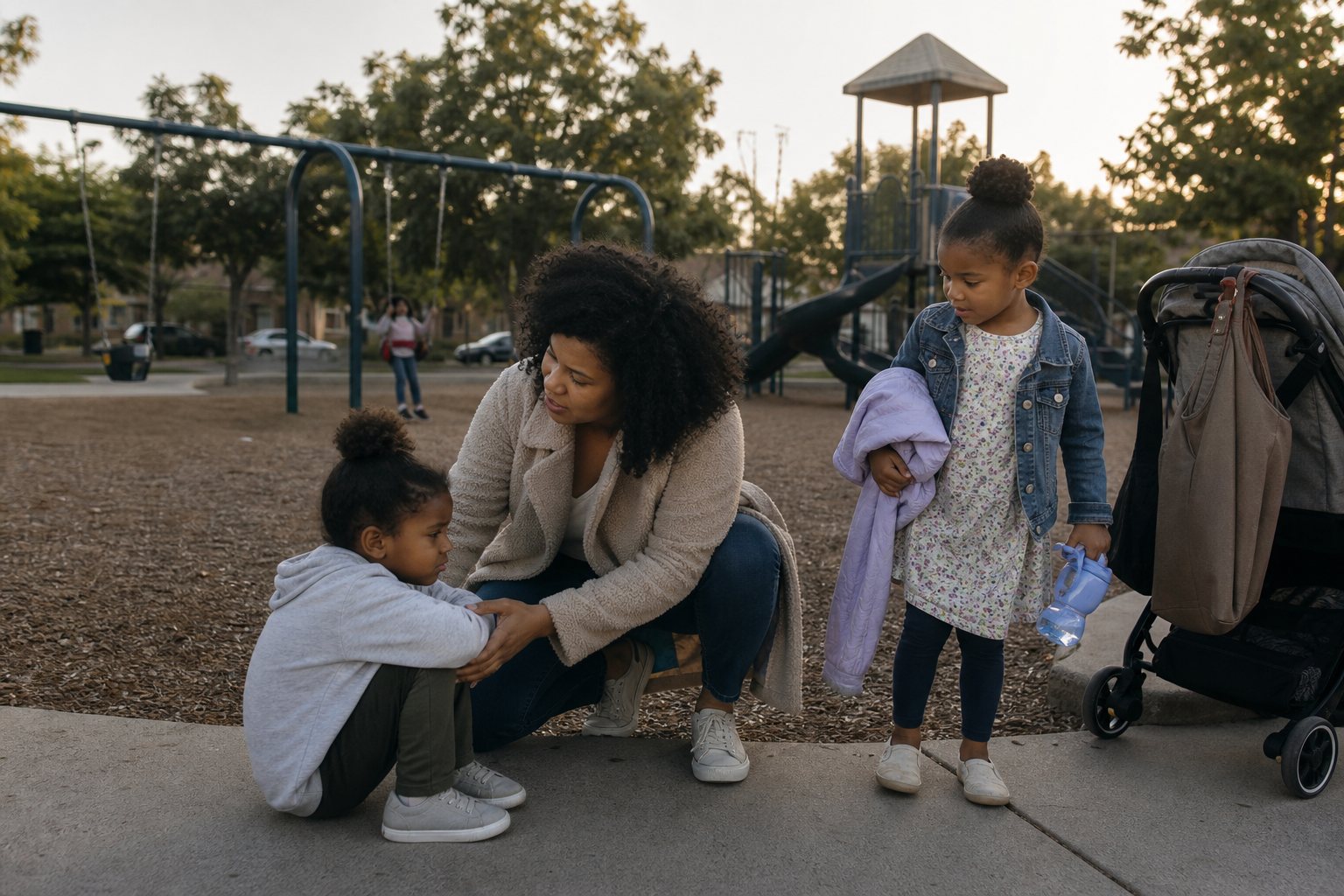 Black mother helping two young children leave a neighborhood playground in early evening