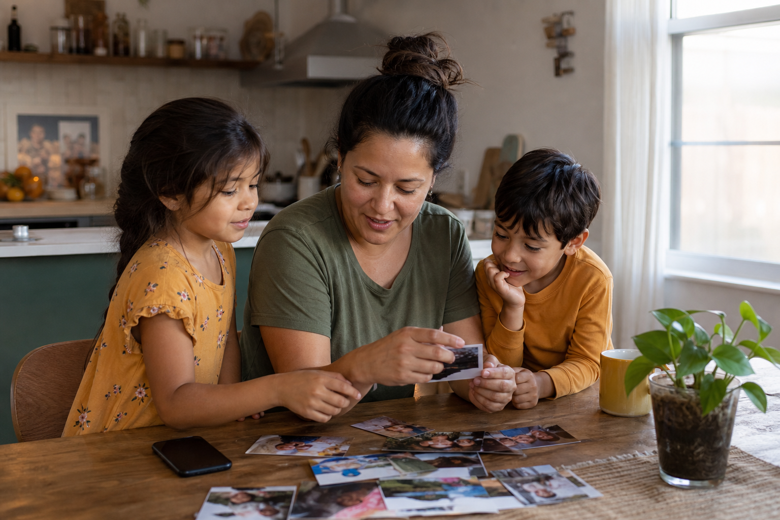 Latina mother and two young children looking through family photos at a kitchen table