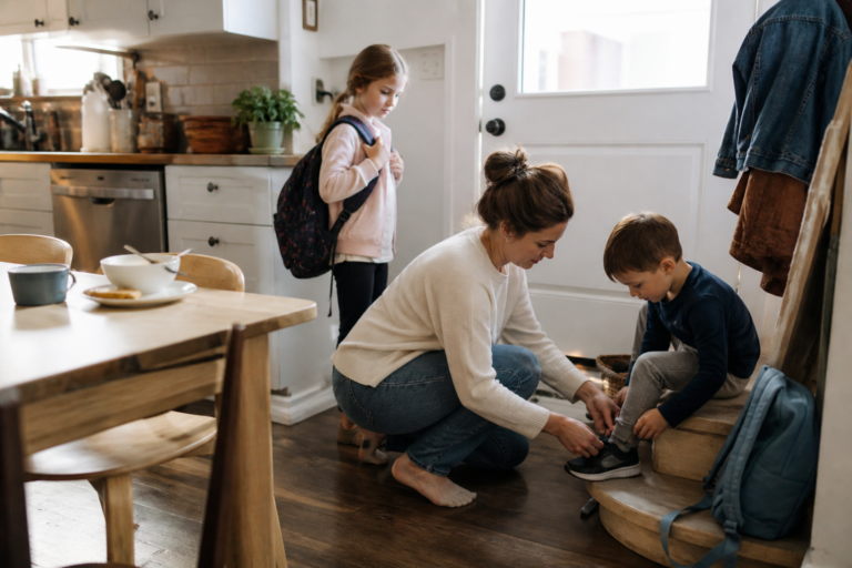 White mother helping two young children get ready during a busy morning routine at home