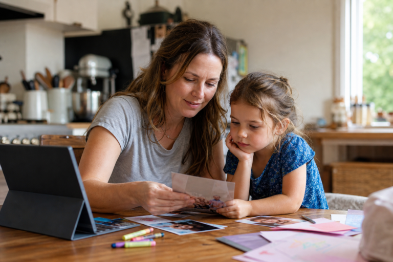 White mother and young child reviewing birthday party photos at a kitchen table for a party recap video