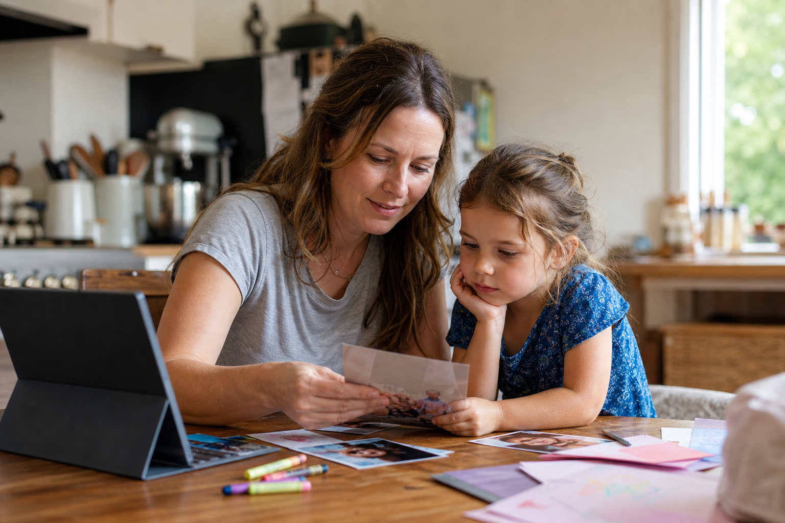 White mother and young child reviewing birthday party photos at a kitchen table for a party recap video