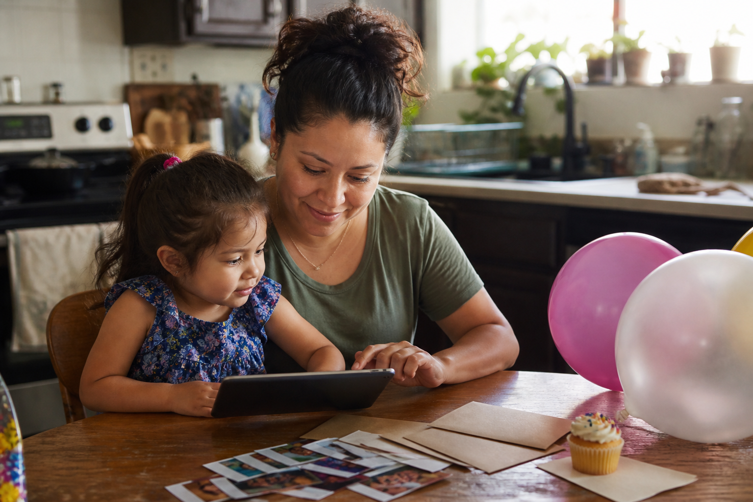 Latina mother and young child looking at family photos for a party invitation video at a kitchen table
