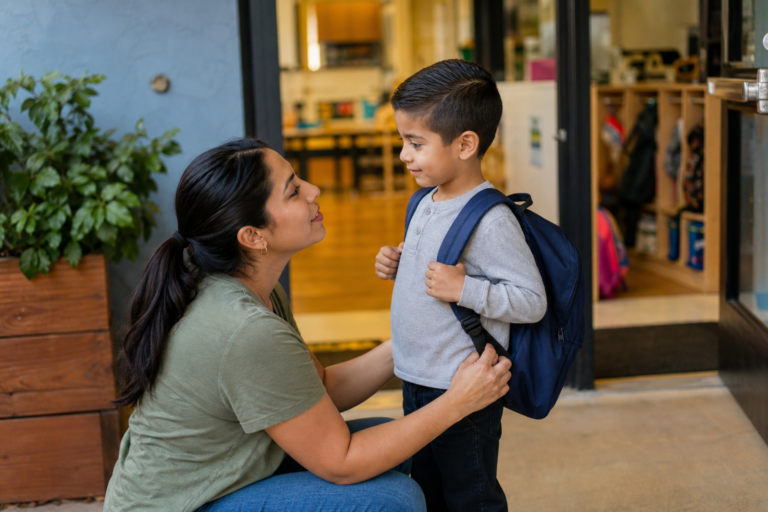 Latina mother sharing a calm school drop-off goodbye with her young child at a classroom entrance