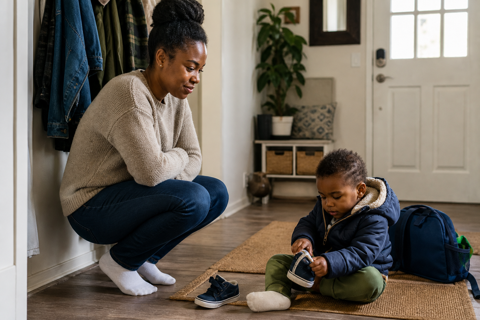 Black mother watching her toddler try to put on shoes in a family entryway