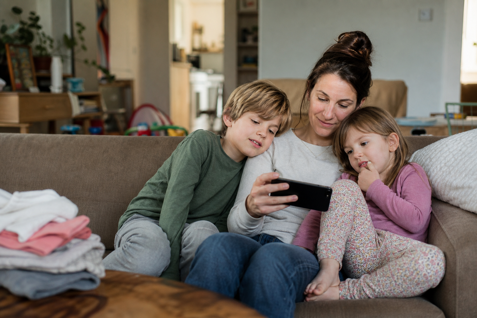 White mother and two young children watching phone videos together on a living room sofa